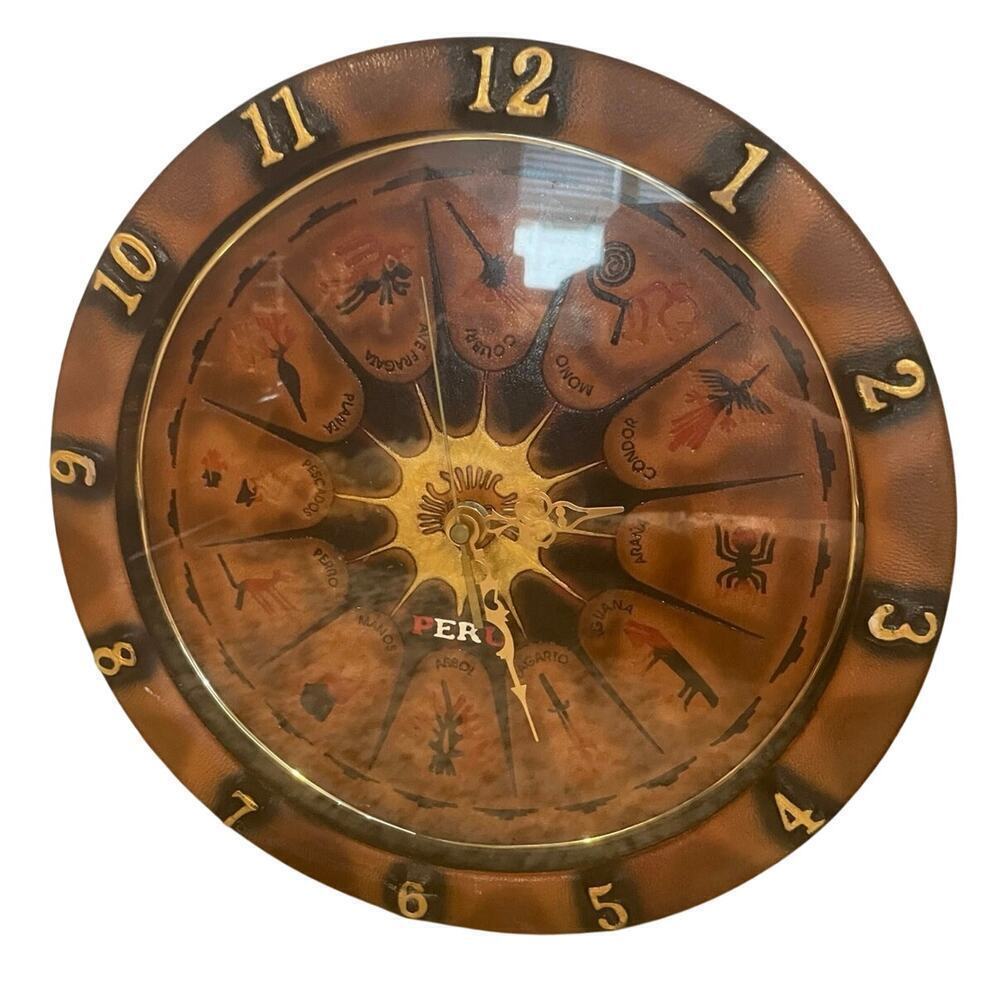 VTG CLOCK LEATHER WALL PERUVIAN NAZCA LINES BOHO RUSTIC RARE‎
